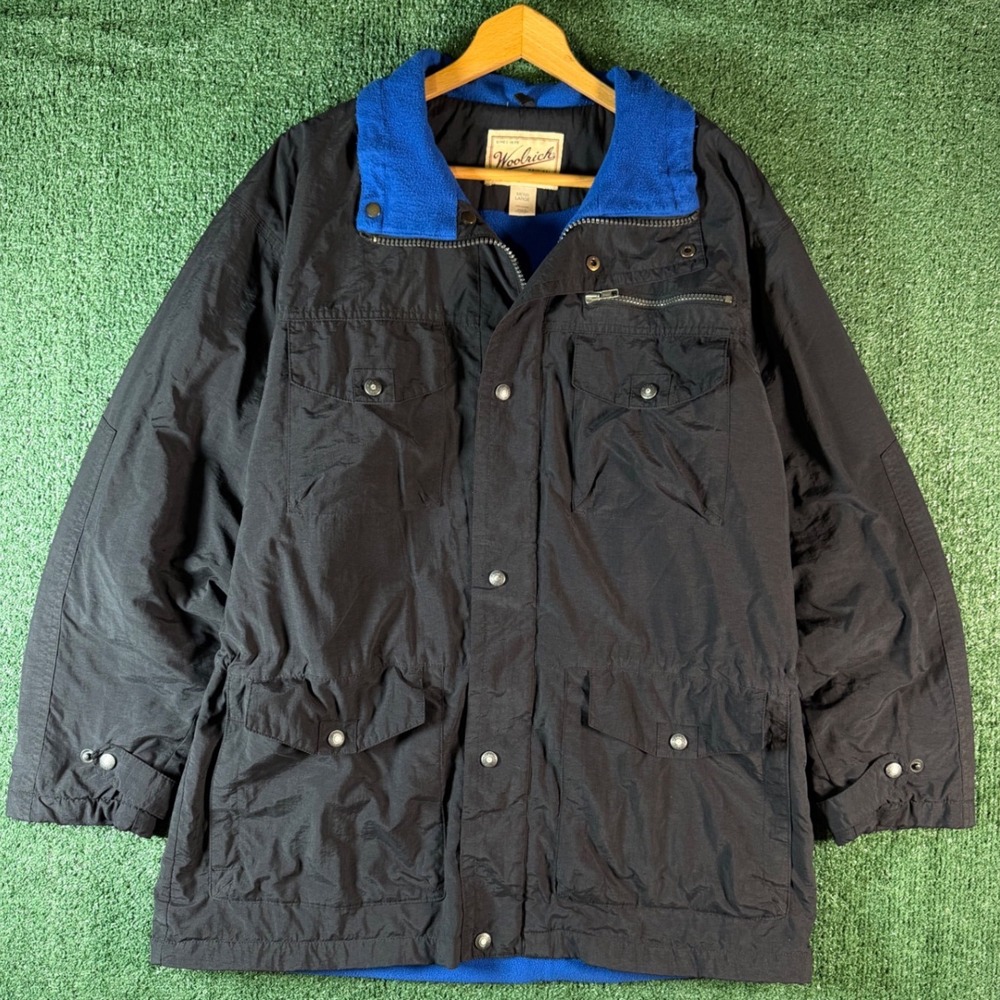 Woolrich Field Jacket Mens Large Black Good Fleece Lined Nylon Parka Coat